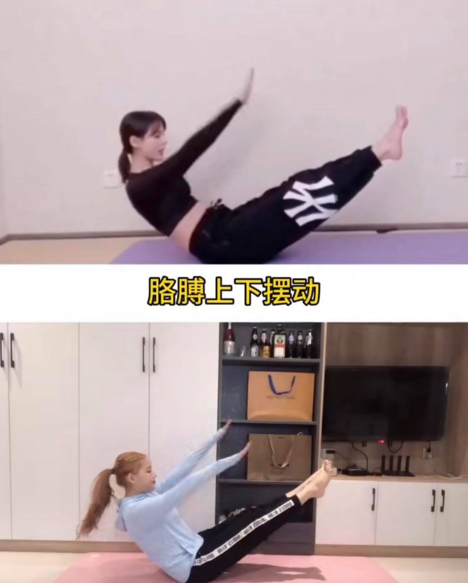 动作（三）：同样用腹部发力，腿和上半身抬离地面；双手在身侧上下拍动；坚持完成3组，每组30秒。