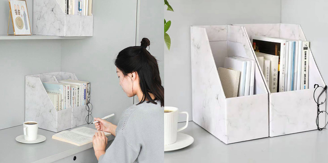 文件架/档案盒:整齐桌面的好帮手非它莫属!与其将文件和书本叠放在桌面上、或是将它们直立排放后各种东歪西倒,不如选用一些容量较大的文件架/档案盒进行收纳~比如这系列大理石纹设计款,还能同时成为桌角/书柜上的一处「美景」唷(笑)RM15.67 - RM17.99 >> 链接