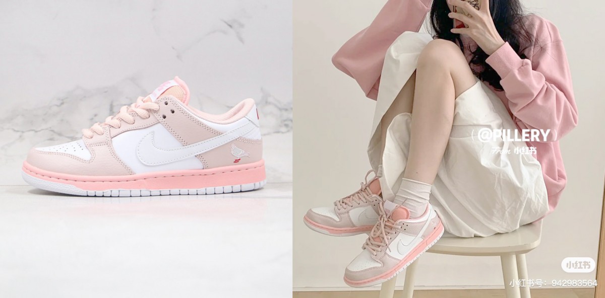 NIKE SB Dunk 粉鸽子 在小红书上掀起超狂热议的「NIKE粉鸽子」潮鞋,简约设计+绝配的粉x白x灰配色超级百搭~低帮设计所有女生都能轻松驾驭,配上中筒袜真是好看得不得了吖 ❤️