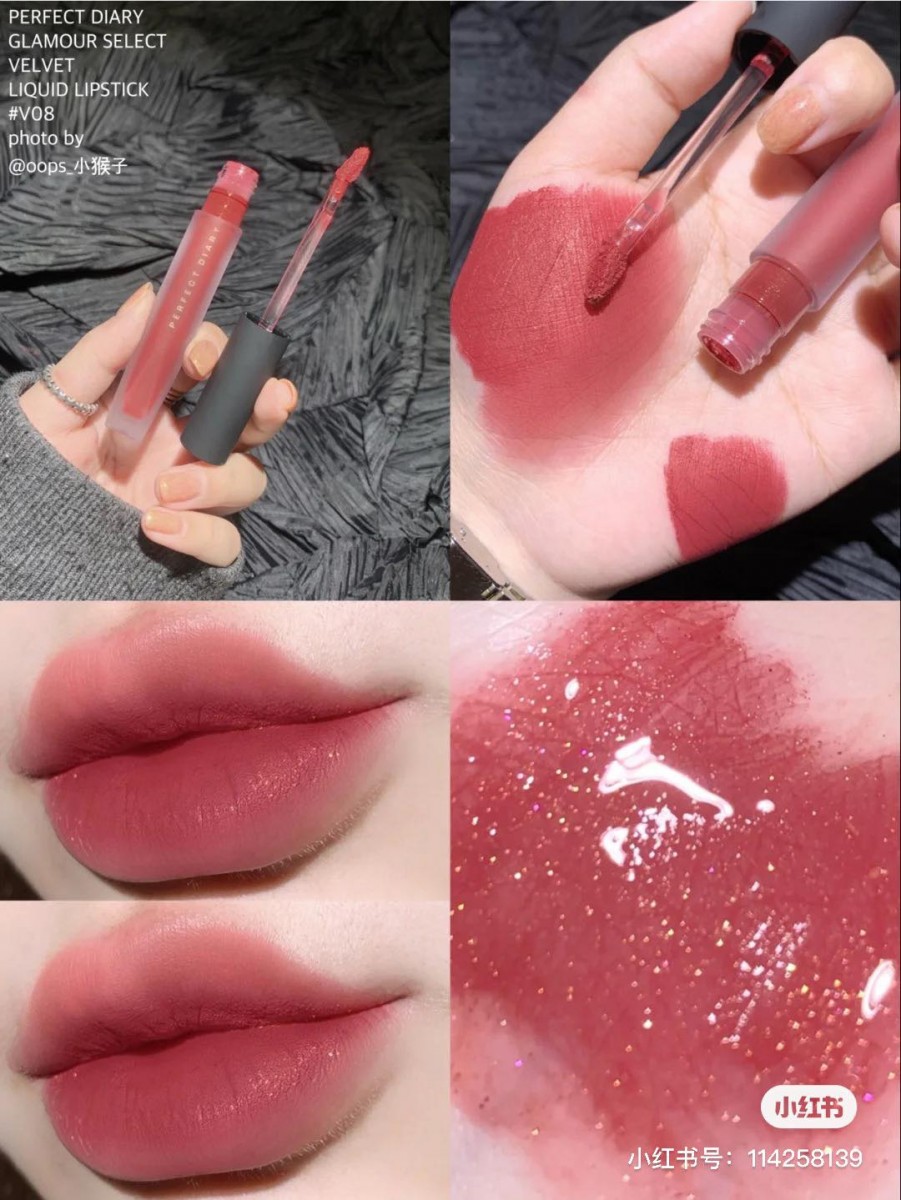 PERFECT DIARY Glamour / Golden Glamour Select Velvet Liquid Lipstick 完美日记家真的有特别多高CP值宝藏美妆!Glamour系列蜜桃色系 #V08 桃金天鹅绒,是上半年推出后一直在小红书上爆火的色调;