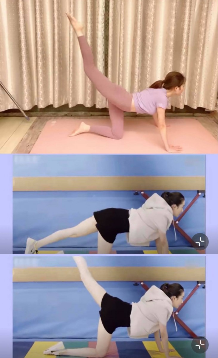 动作(三)后踢腿 俯身跪趴在瑜伽垫上、双手撑地,单腿抬起往后伸直并上下摆动;注意背部、腰部和膝盖要全程保持伸直,做得正确才能提臀瘦腿同步GET!