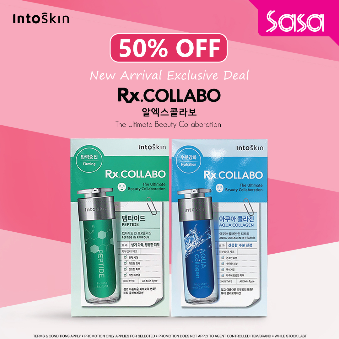 INTOSKIN Rx. COLLABO面膜系列如今已经可以在Sa Sa购得，即日起至11月8号还有Sa Sa 独家50% 大优惠，1盒10片CP值真的超级高！马上到官网或手机APP以超值价格入手吧～>> 点我前往 