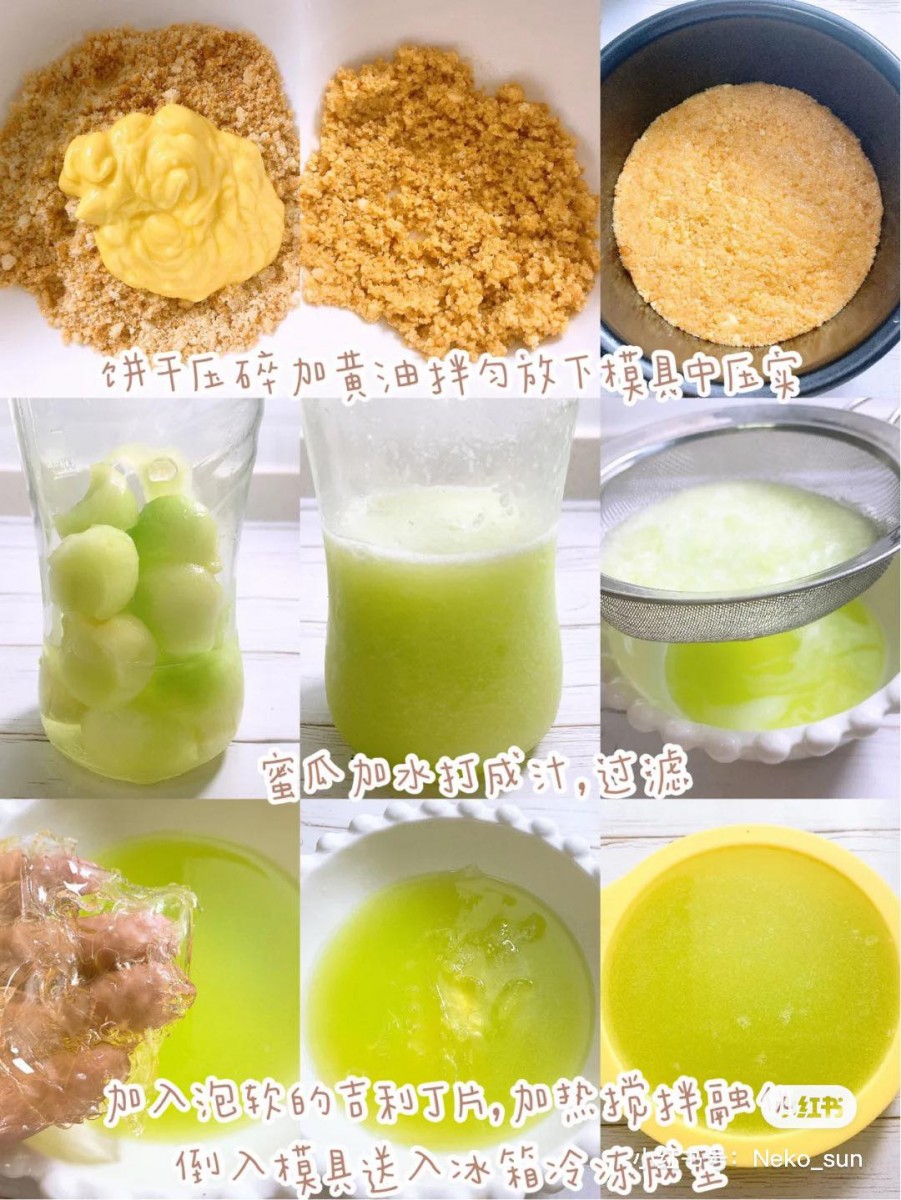 做法:先把饼干碎和黄油搅拌均匀放到蛋糕模具里压平。之后将蜜瓜加水打成汁过滤,加入泡软的吉利丁片加热搅拌至融化,倒入一个比蛋糕圆形模具直径更小的圆形模具里,送入冰箱冷冻成型。