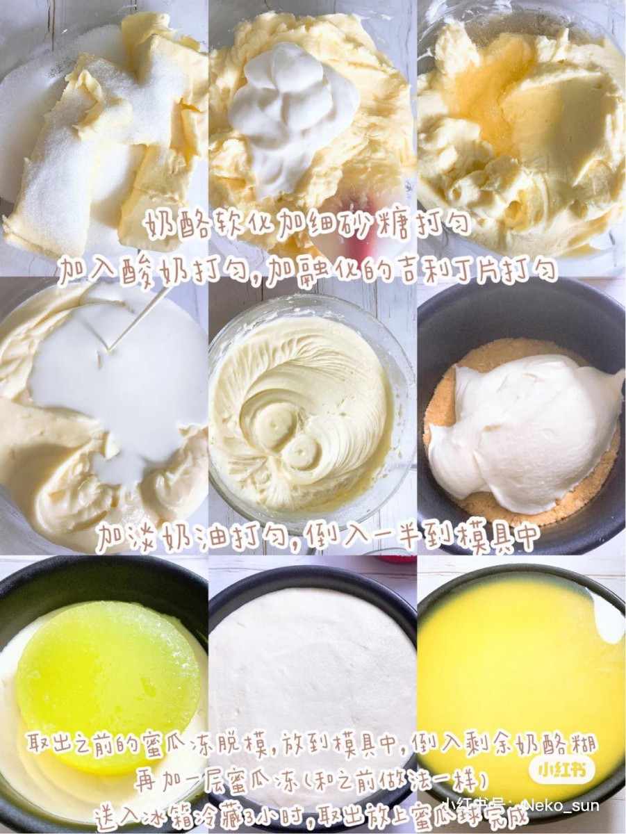 Cream cheese软化加入细砂糖打匀,之后加入酸奶打匀,再加入融化的吉利丁片打匀。加入淡奶油打匀后,把奶酪糊一半倒入饼干碎压在底部的蛋糕模具里。铺平后把冻好的蜜瓜冻脱模放在正中央,把剩下的奶酪糊倒入铺平~之后再做一层蜜瓜冻作为蛋糕表面一层,放到冰箱里冷藏3小时以上。之后用挖勺把蜜瓜果肉挖成小球状放到蛋糕上,完成!