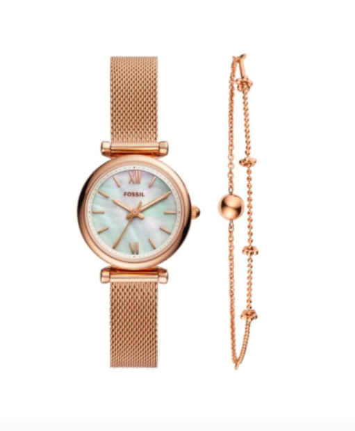 #3 Fossil Carlie Watch ES4443SET 珍珠母贝表盘简约而精致 x 玫瑰金表带十分典雅百搭,套组中的玫瑰金色手链搭配在一起佩戴更显气质(RM659)>> 点击查看链接
