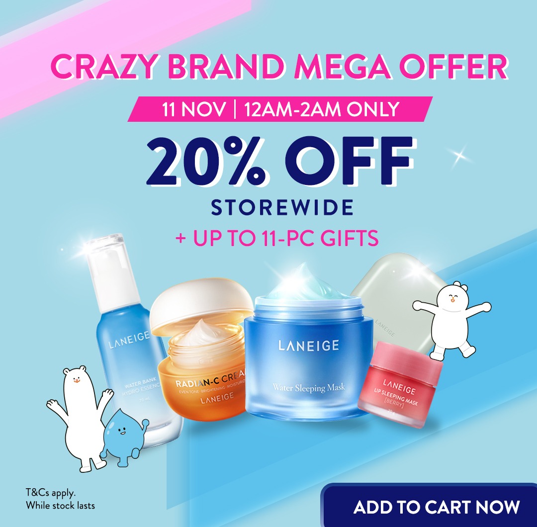 Laneige >> （点击我查看优惠+购买详情） Holiday节日限定系列也已经在官方店铺上开售；喜欢本次宝宝蓝色系列的Girls千万不能错过！其中护肤系列优惠套组也很值得入手，可享有高达45%折扣之余，双十一当天下单还有免费体验装赠品哟～