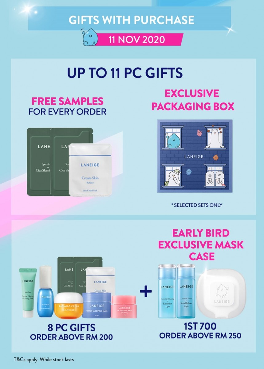 Laneige >> （点击我查看优惠+购买详情） Holiday节日限定系列也已经在官方店铺上开售；喜欢本次宝宝蓝色系列的Girls千万不能错过！其中护肤系列优惠套组也很值得入手，可享有高达45%折扣之余，双十一当天下单还有免费体验装赠品哟～