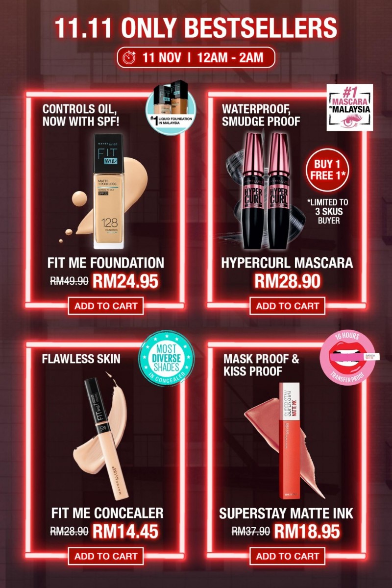 Maybelline >> （点击我查看优惠+购买详情） 双十一当天12am-2am不仅有限量超值买一送一优惠，全馆还有折扣高达50%！超值得入手的Maybelline家美妆好物不妨参考阿编整理的这篇 >> 