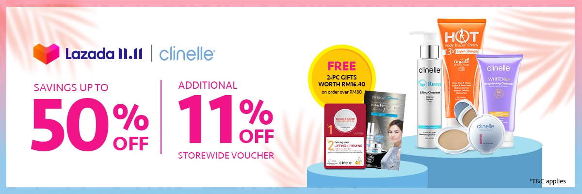 Clinelle >> （点击我查看优惠+购买详情） 双十一12am-2am期间消费满RM50即可享受高达25%折扣；下单RM150或以上便能收获价值RM100的+11 EXTRA赠品，限量发放先抢先得（点我查看详情）！西外下单UV Defense优惠套组还会附送价值RM90的卸妆水（180ml），有买有送超划算（点我查看详情）～