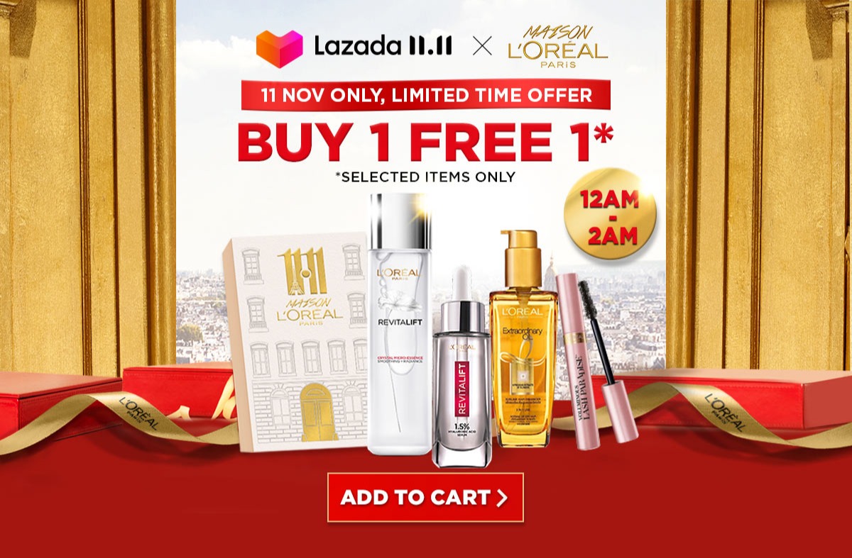 LOREAL >> （点击我查看优惠+购买详情） 欧莱雅家的护肤品和美妆品一直是众多小资女的心头好！此番双十一优惠期间12am-2am，特定商品将有超狂买一送一优惠，凡消费满RM60可或10%额外折扣券、消费满RM120和RM200则分别可现减RM25 & RM50！现在PRE ORDER超值优惠组还能享受高达45%折扣，万勿错过～