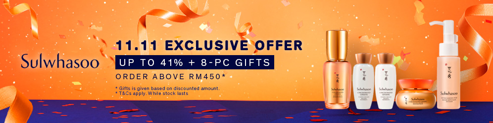Sulwhasoo >> （点击我查看优惠+购买详情） 与ZALORA特备的双十一超值大优惠中，全馆折扣8%起 + 附送8pcs价值RM250赠品；其中还有绝不容错过的高达41%折扣组合。