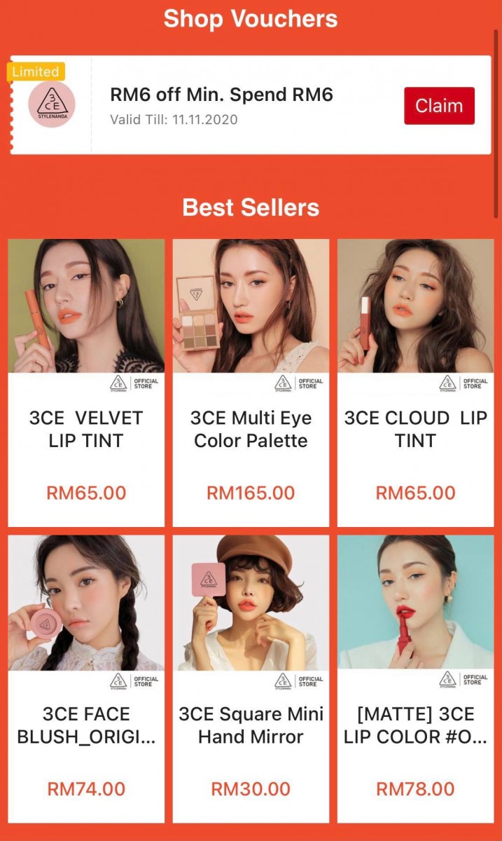 3CE >> （点击我查看优惠+购买详情） 月前刚宣布正式进驻SHOPEE的韩国美妆品牌3CE这次当然也不会错过双十一优惠放送～2020新推出的透明彩妆系列 CLEAR LAYER 可享15%折扣；热销眼影盘和唇彩优惠套组凡以优惠价入手还能收获赠品（化妆手拿镜、美妆包）～