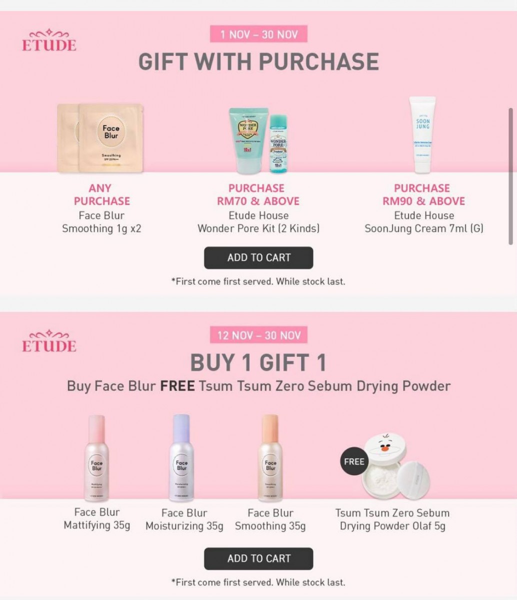 Etude House >> （点击我查看优惠+购买详情） 双十一当天全天都有指定商品高达50%折扣、买2即全馆折20%优惠；12am-2am之间下单专享高达30%全馆折扣+11%优惠券（消费满RM70起即可）。此外品牌整个11月期间都有「有买即送赠品」限量优惠哟～