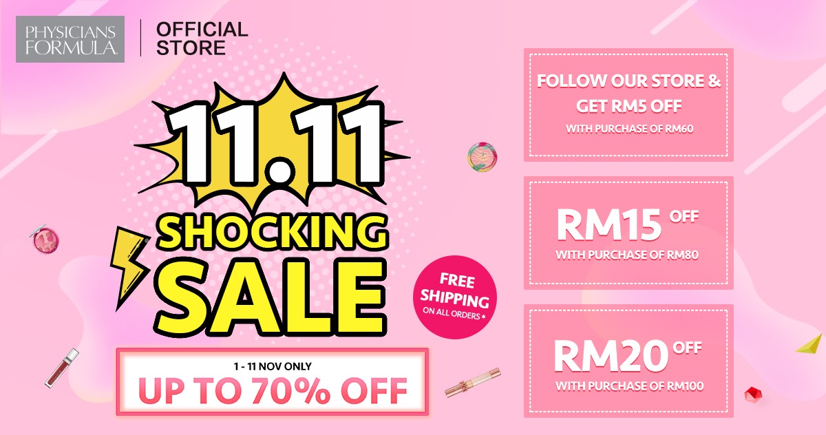 Physician Formula >> （点击我查看优惠+购买详情） 11月1号起已经开跑的大优惠，凡购买Murumuru Better系列可享50%折扣；全馆Shocking Sale高达70%折扣，Follow店铺即得RM5优惠券、消费满RM80扣RM15、消费满RM100扣RM20～还包含FREE Shipping哟！（点我查看详情）
