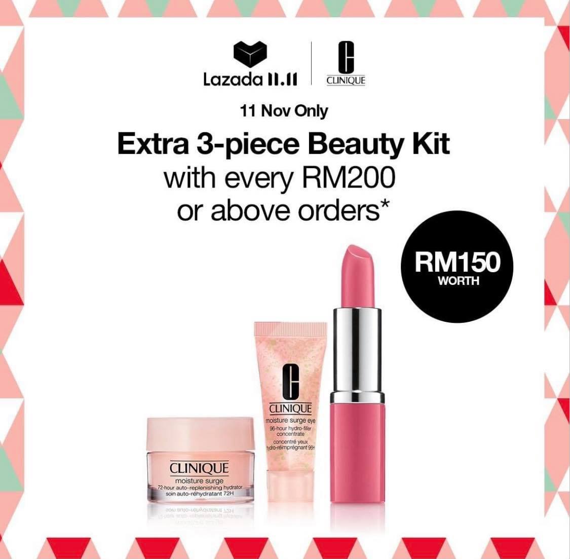 Clinique >> （点击我查看优惠+购买详情） 双十一当天下单可享高达40%折扣，今起便能PRE ORDER超值优惠价格Bundle套组节省更多；凡消费满RM200还能收获价值RM150的3pcs豪华赠品～
