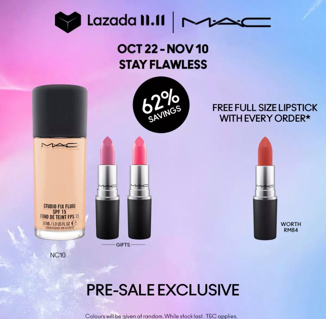 M.A.C >> （点击我查看优惠+购买详情） 趁双十一期间下单可享有高达65%超狂优惠；其中最不能错过的包括：60%折扣口红套组、PREP + PRIME定妆喷雾买一送一、底妆+口红62%折扣组合，而且还会随套组加码附送一支价值RM84的子弹口红哟～口红控这波一定不能错过！