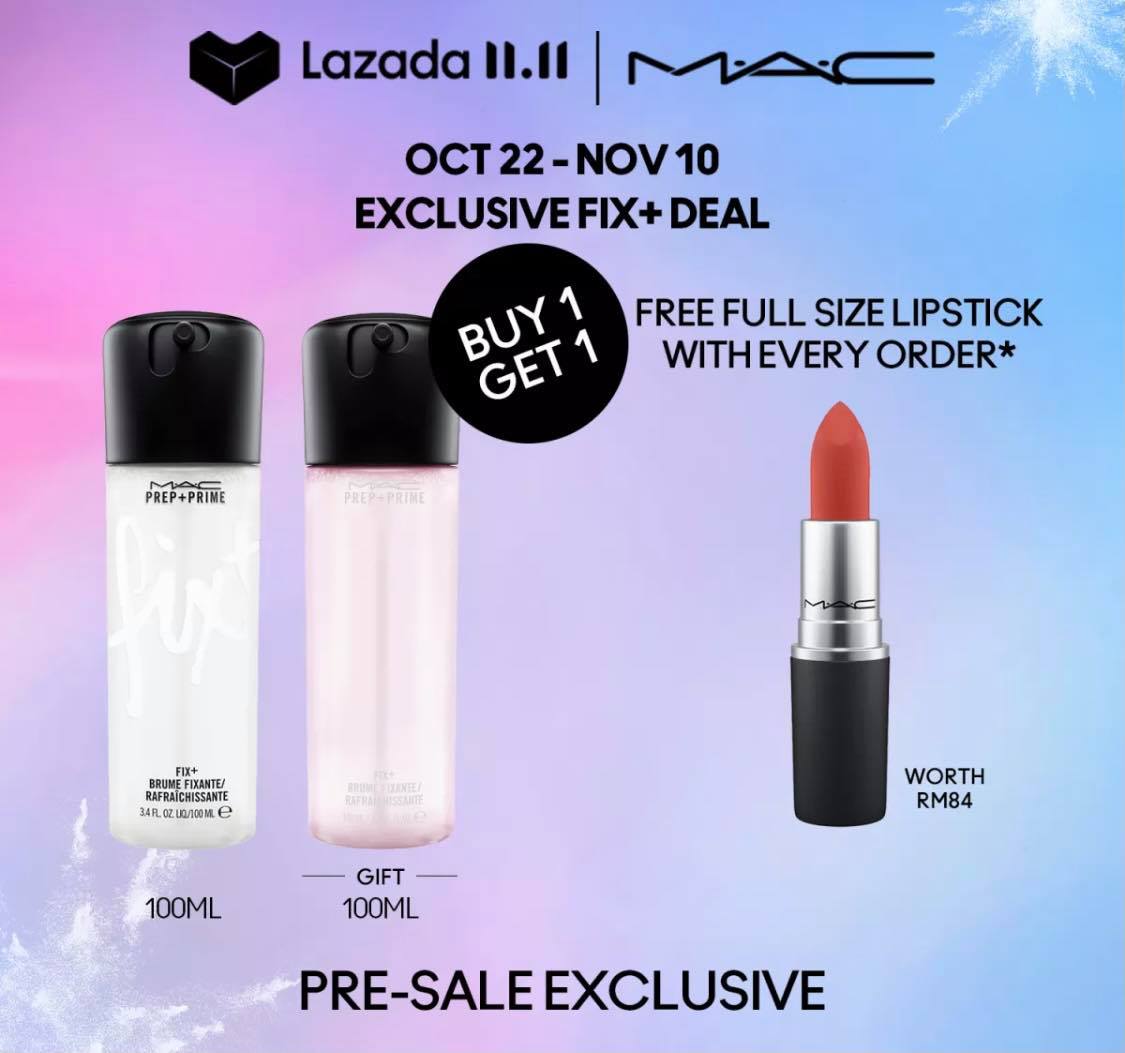 M.A.C >> （点击我查看优惠+购买详情） 趁双十一期间下单可享有高达65%超狂优惠；其中最不能错过的包括：60%折扣口红套组、PREP + PRIME定妆喷雾买一送一、底妆+口红62%折扣组合，而且还会随套组加码附送一支价值RM84的子弹口红哟～口红控这波一定不能错过！