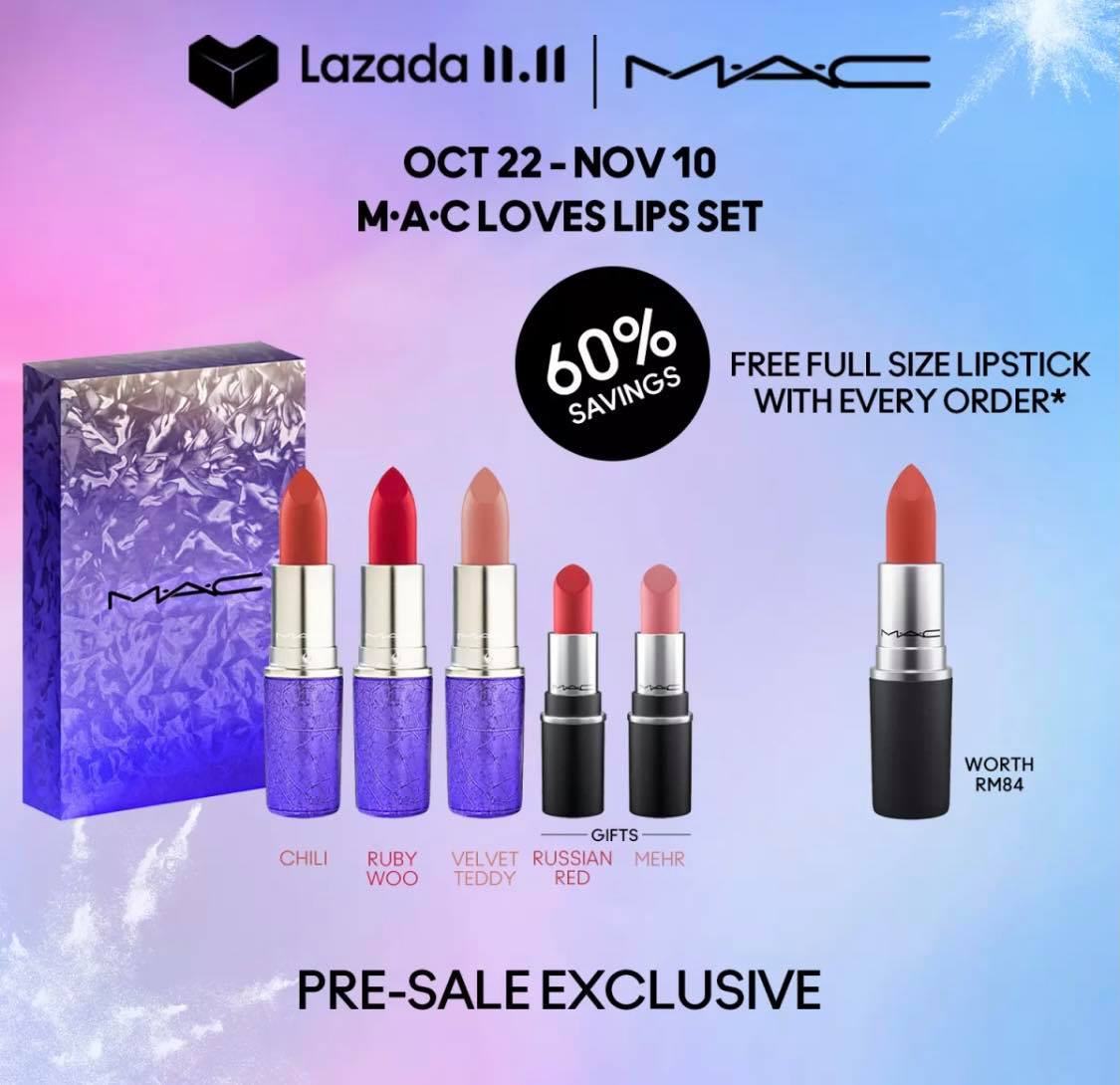M.A.C >> （点击我查看优惠+购买详情） 趁双十一期间下单可享有高达65%超狂优惠；其中最不能错过的包括：60%折扣口红套组、PREP + PRIME定妆喷雾买一送一、底妆+口红62%折扣组合，而且还会随套组加码附送一支价值RM84的子弹口红哟～口红控这波一定不能错过！