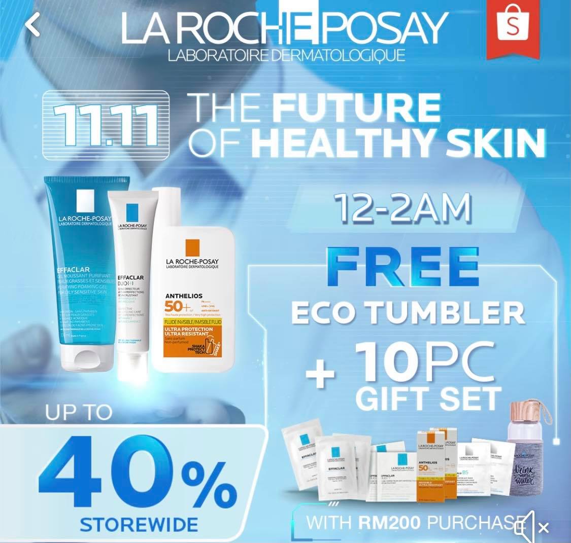 La Roche Posay 理肤宝水 >> （点击我查看优惠+购买详情） 双十一当天高达40%优惠大放送，12am-2am下单还有送超值Eco水平+10pcs赠品套装！特定品牌热销商品还有买2以上加码优惠折扣券可用～Bundle Set在这期间也很值得囤货啊！