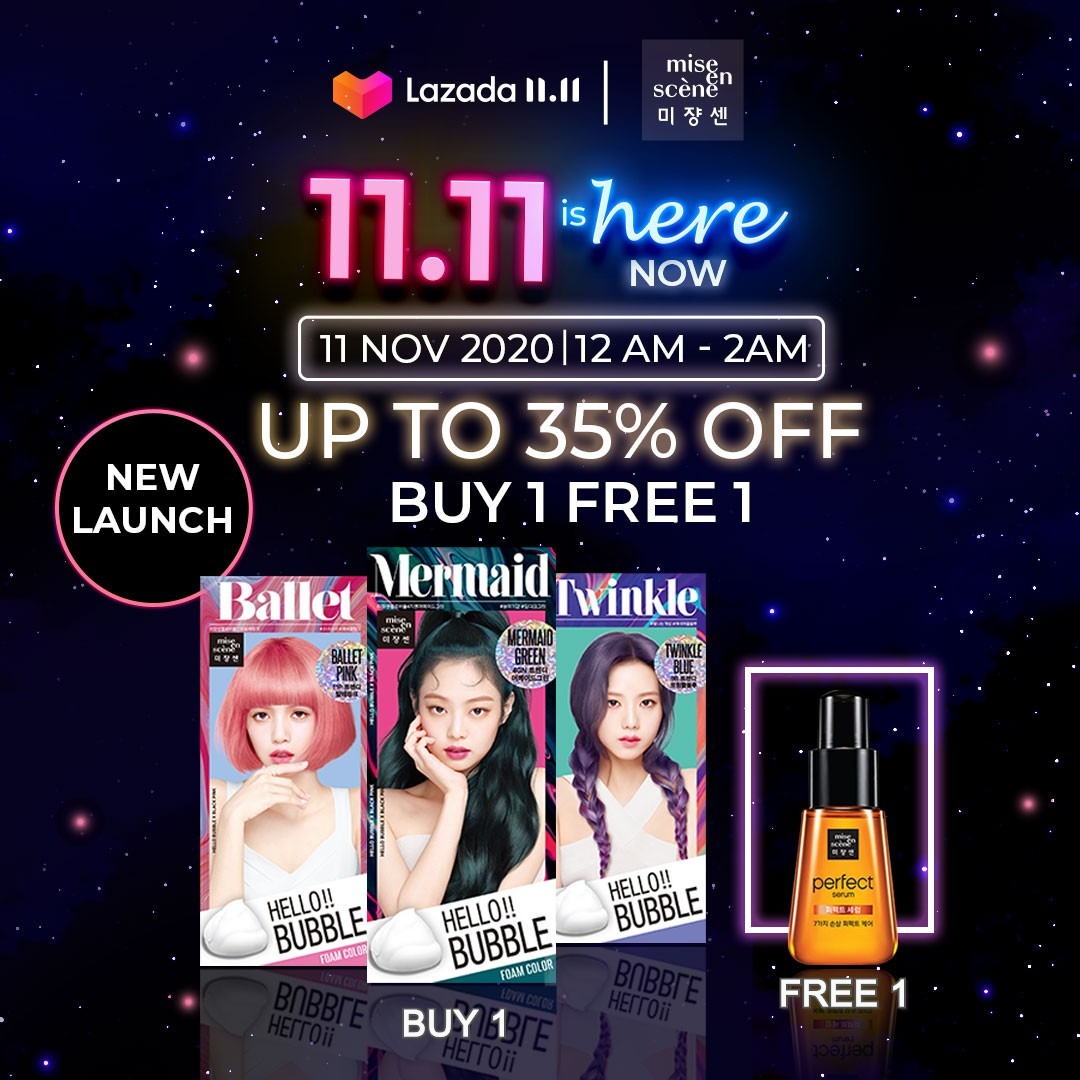 Mise En Scene >> （点击我查看优惠+购买详情） BlackPink代言的泡泡染发剂、以及品牌旗下在韩国超热销的护发套组都有折扣～凡消费满RM100即可使用RM11折扣券，购买泡泡染发剂送护发精油组合真的超值！