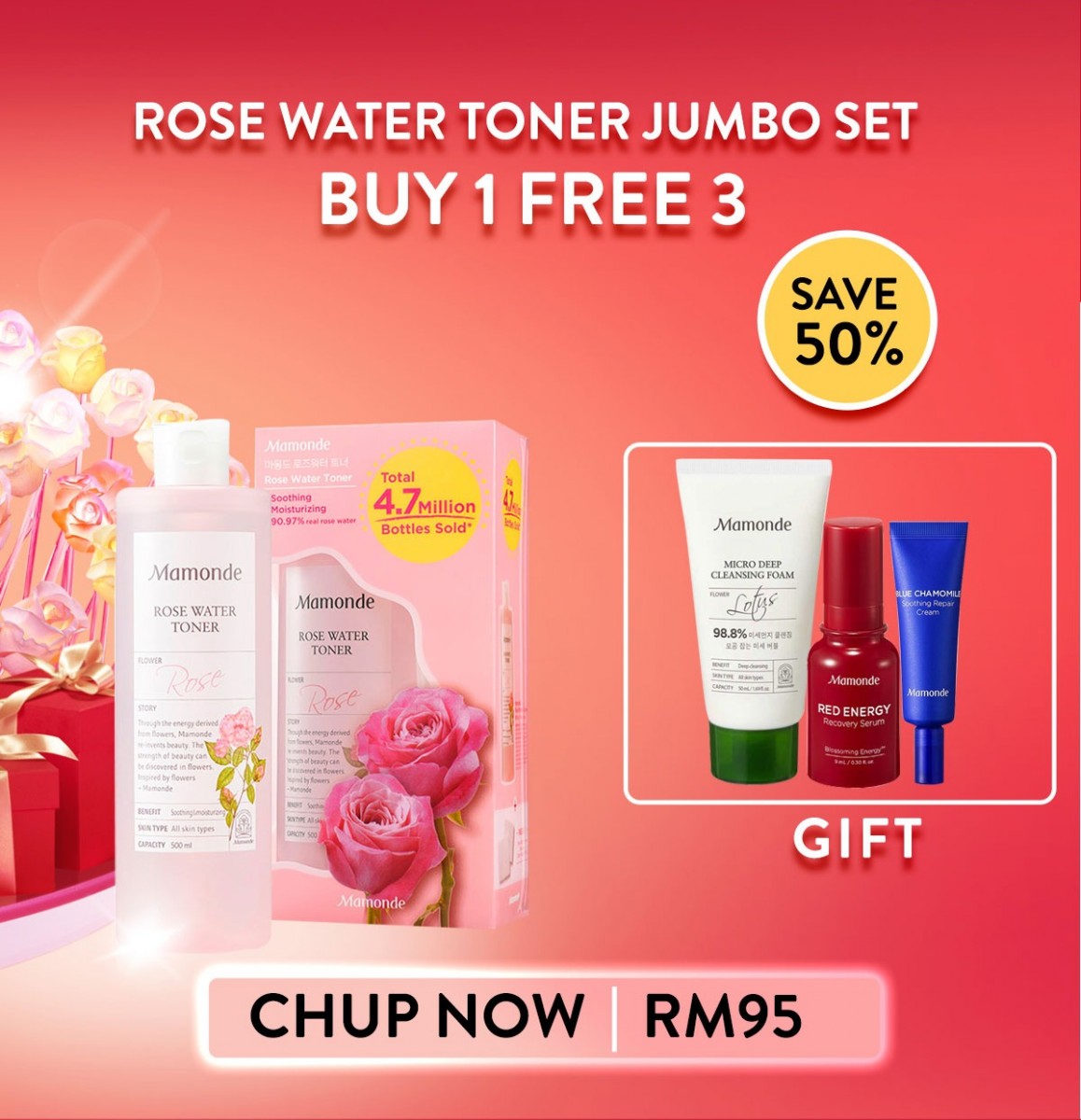 Mamonde >> （点击我查看优惠+购买详情） 热销王Rose Water买一级送3款护肤赠品；Pang Pang发际线修容阴影粉、气垫粉饼等Mamonde明星商品还有买一送一超狂优惠！一定要趁售罄前快手下单啊～