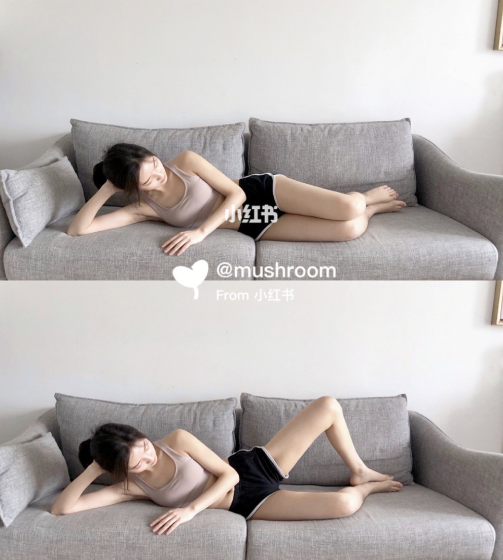 动作（四）：蚌式开合腿 侧躺后双腿屈膝合并，靠近地面的一侧手部撑住头，另一只手自然摆放；上方的腿膝盖向外打开，同时脚掌处保持合并不移动。张开幅度越大越好，停留1秒后腿缓缓向内并拢回到原位。两侧腿各做20x3组～