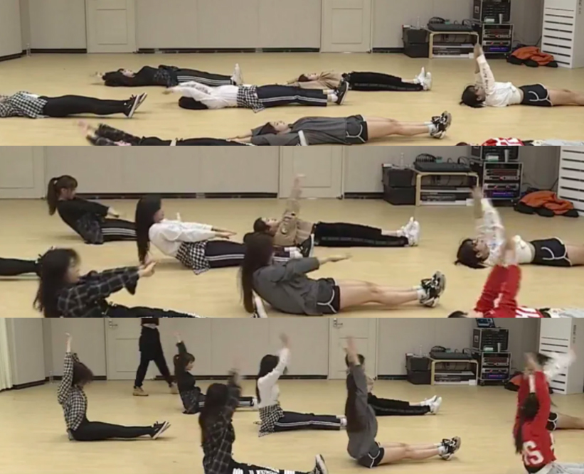 动作(六): 平躺后双手举过头顶伸直、双腿伸直;手部抬起的同时腹部发力上半身坐起,此时手部姿势在胸前垂直;之后将手臂举过头顶伸直,然后躺回原位手臂在胸前伸直,紧接着手臂举过头顶重复动作~先缓缓做4次,之后速度加快做4次。