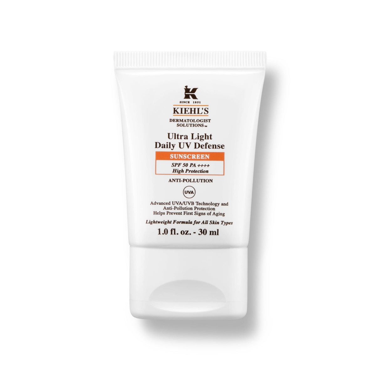 KIEHL‘S Ultra Light Daily UV Defense SPF50 PA++++with Anti-Pollution RM163 / 30ml 质地轻盈不含油分,糅合专利双重稳定对抗UV滤光分子Mexoryl SX、Mexoryl XL,以及抗氧化物维生素E;有效帮助防晒伤、预防光老化,阻隔污染、UVA和UVB紫外线对肌肤带来的侵害,让皮肤全天候拥有高效呵护。
