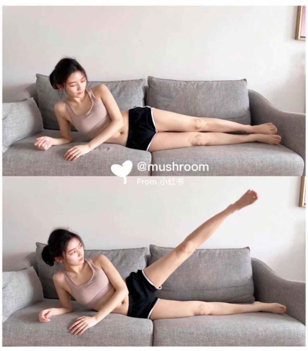 动作（一）：侧卧抬腿 侧躺后用一侧手肘撑起上半身，吸气的同时将上面的腿伸直抬起至最高，然后吐气时缓缓将腿部下放；注意下放腿部时不要碰到地面，稍微悬空。左右腿建议各做2-3组，一组重复20次动作。