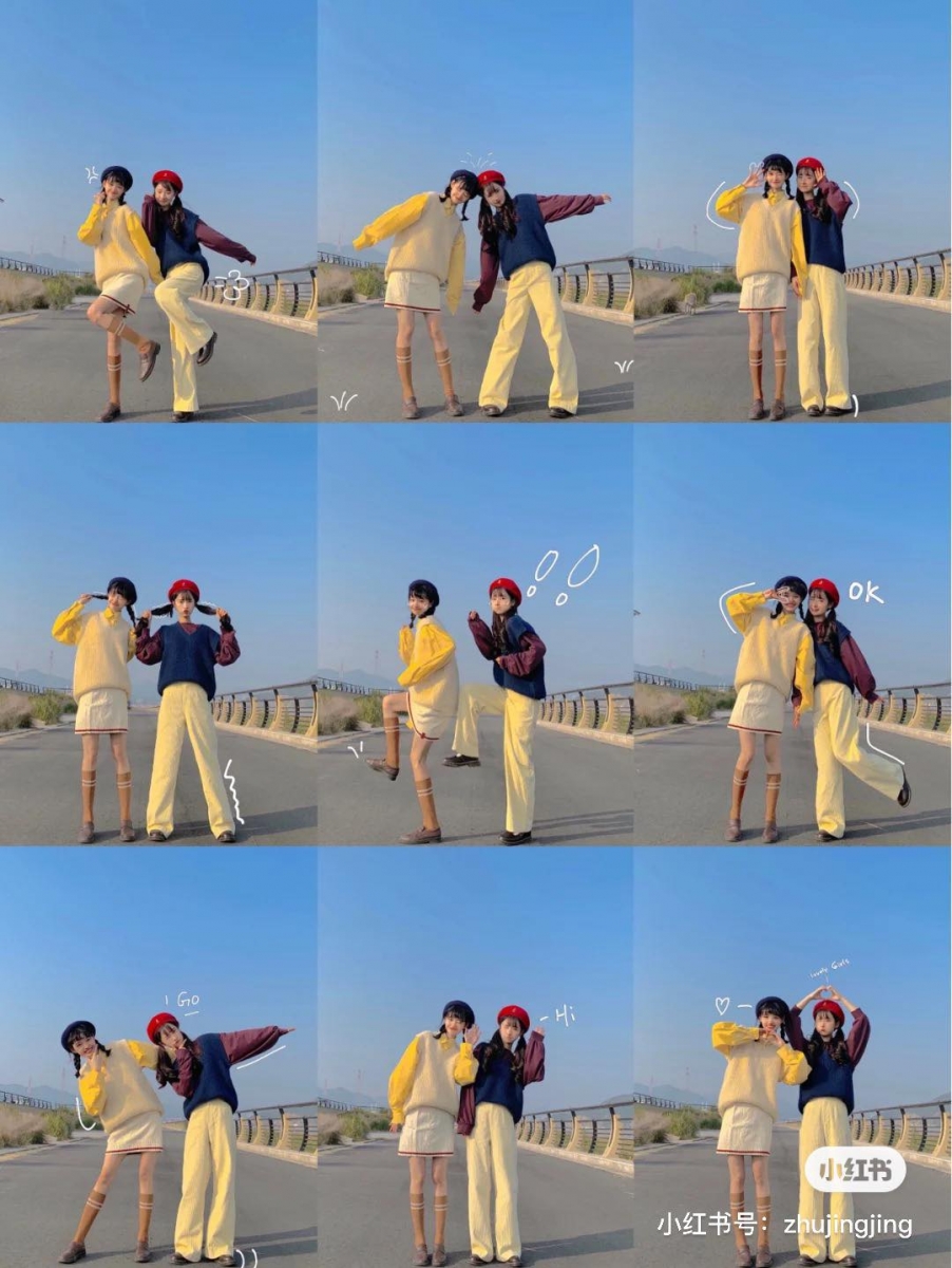 闺蜜合照最重要有互动和够自然,不妨参考一下两张九宫格照片里的花式拍法~