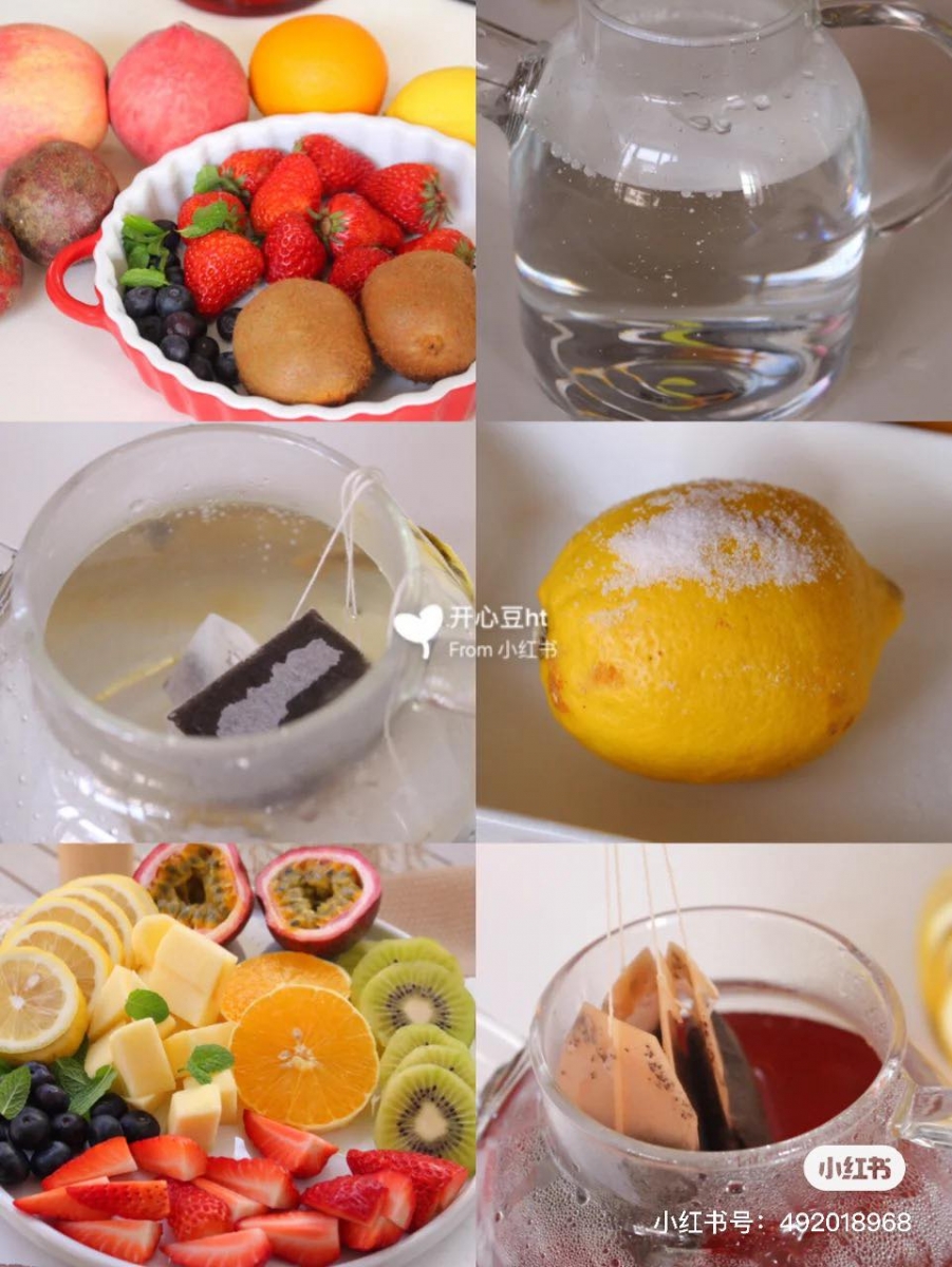 夏日消暑美颜水果茶:清爽酸甜口味加上满满的维C,完全是夏日消暑+美颜必备饮料!而且多喝也不怕发胖哟~ 在茶壶里放入3包红茶茶包加入热水泡5-10分钟;水果可以准备百香果一小颗、柠檬1颗、蓝莓适量、草莓适量、奇异果1颗、橙子半颗、苹果半颗、薄荷叶适量。柠檬用盐巴洗净外皮后切片,其他水果洗净后可以切块处理。将泡好的红茶包取走,红茶里加入一勺蜂蜜,将百香果肉挖出来倒入红茶里搅拌均匀。最后把其他水果倒入浸泡5分钟左右就完成喽~喜欢喝冰饮的话也可以先放到冰箱里冻一冻再喝。