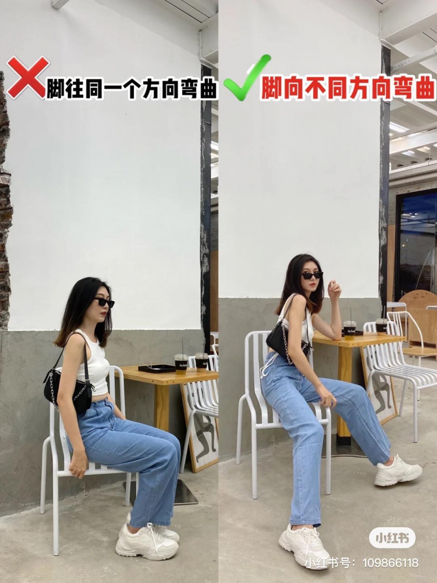 坐在椅子上拍照容易显肚子；可以善用手部和包包遮挡、双脚向不同方向迈开，靠近镜头的单腿伸直让腿部线条比例视觉延长。