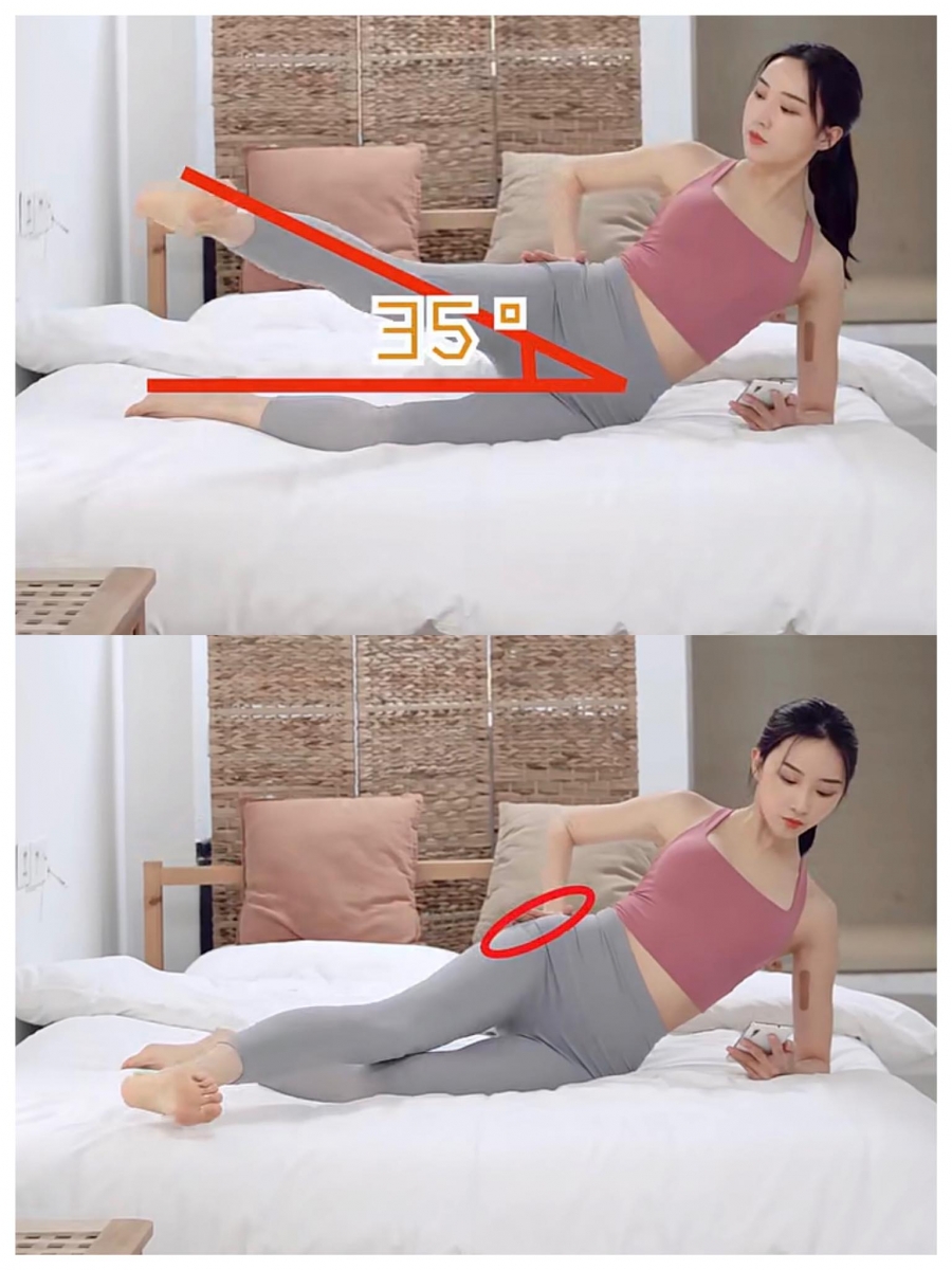 边滑手机边瘦腿动作(三):侧卧抬腿 在床上呈侧卧姿势,屈髋屈膝、上方腿部伸直+脚掌回勾,一只手放在臀侧用力下压。 呼气的同时抬腿、吸气的时候落下,抬腿幅度不要超过35度。全程感受臀侧发力就算做对~记得要换边重复做相同动作。每次做3组,每组动作为20次。