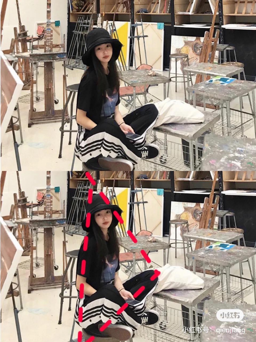 坐着摆拍时膝盖稍微弯曲呈三角形状态,或是盘腿坐侧身拍照呈全身三角形也很显瘦哦!