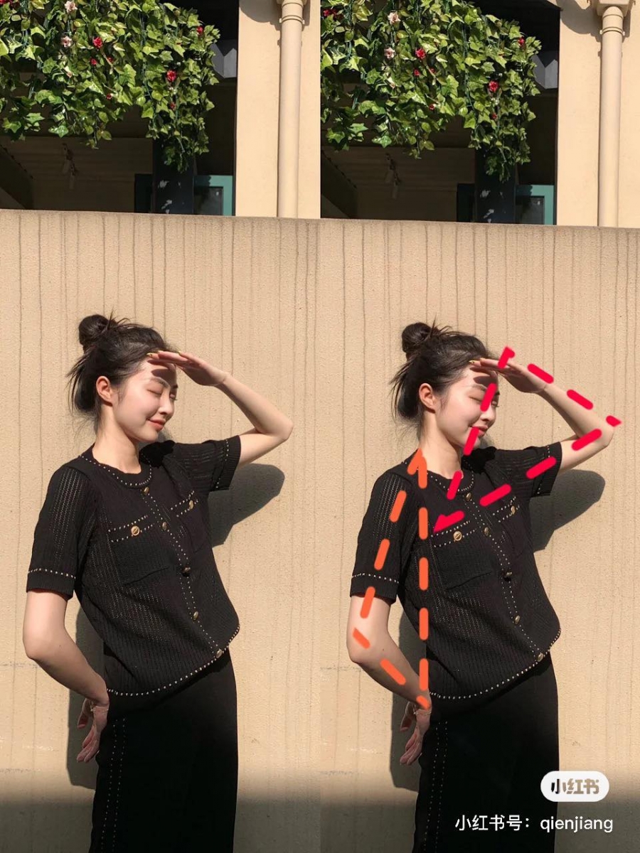 拍半身照时单手叉腰、另一只手摸额头,呈两个三角形状态身体就算穿穿着宽松也能显出曲线更显瘦。