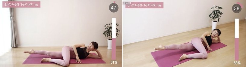 动作(五)侧身内侧抬腿 同动作(三),换另一侧重复相同动作。重复该动作50秒,最后休息10秒再往下一个动作继续做。