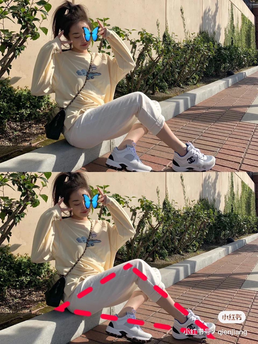 坐着摆拍时膝盖稍微弯曲呈三角形状态,或是盘腿坐侧身拍照呈全身三角形也很显瘦哦!