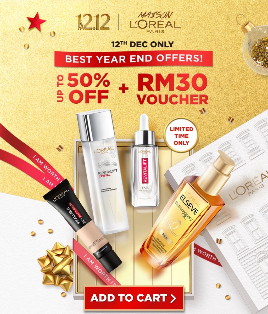 小资女孩们最爱的各大护肤美妆开架品牌，还有各种大牌香水、时尚配件也都有疯狂促销！趁打折下单入手，作为圣诞选礼或自用都很合适啊： L'Oreal Paris 12.12 Sale 折扣高达50%+RM30优惠券；有买有送、多买多赚！： 【点击前往查看双十二促销详情】