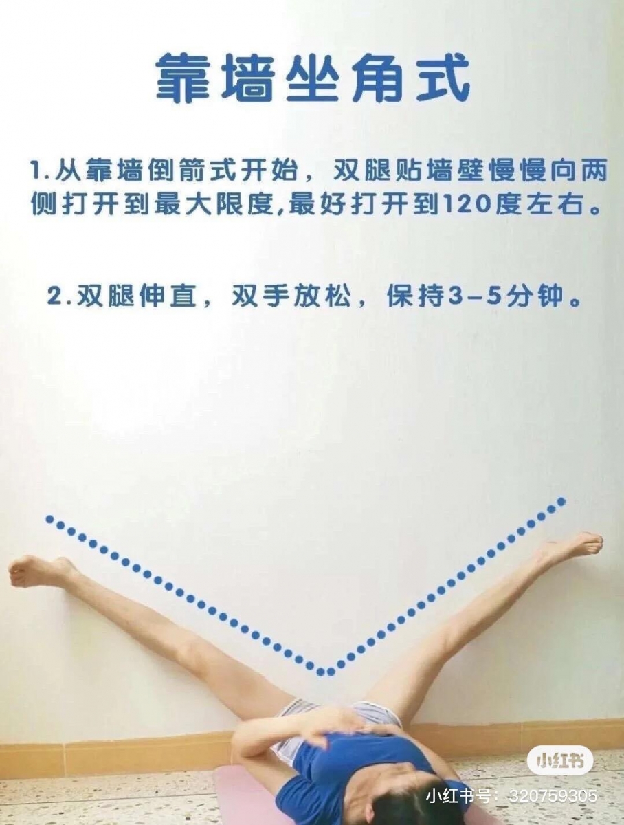 动作(三)靠墙坐角式 靠墙抬腿后双腿贴着墙面缓缓往两侧迈开至最极限;双腿尽量保持伸直状态,双手可以放松放在肚子上,动作维持3-5分钟即可。