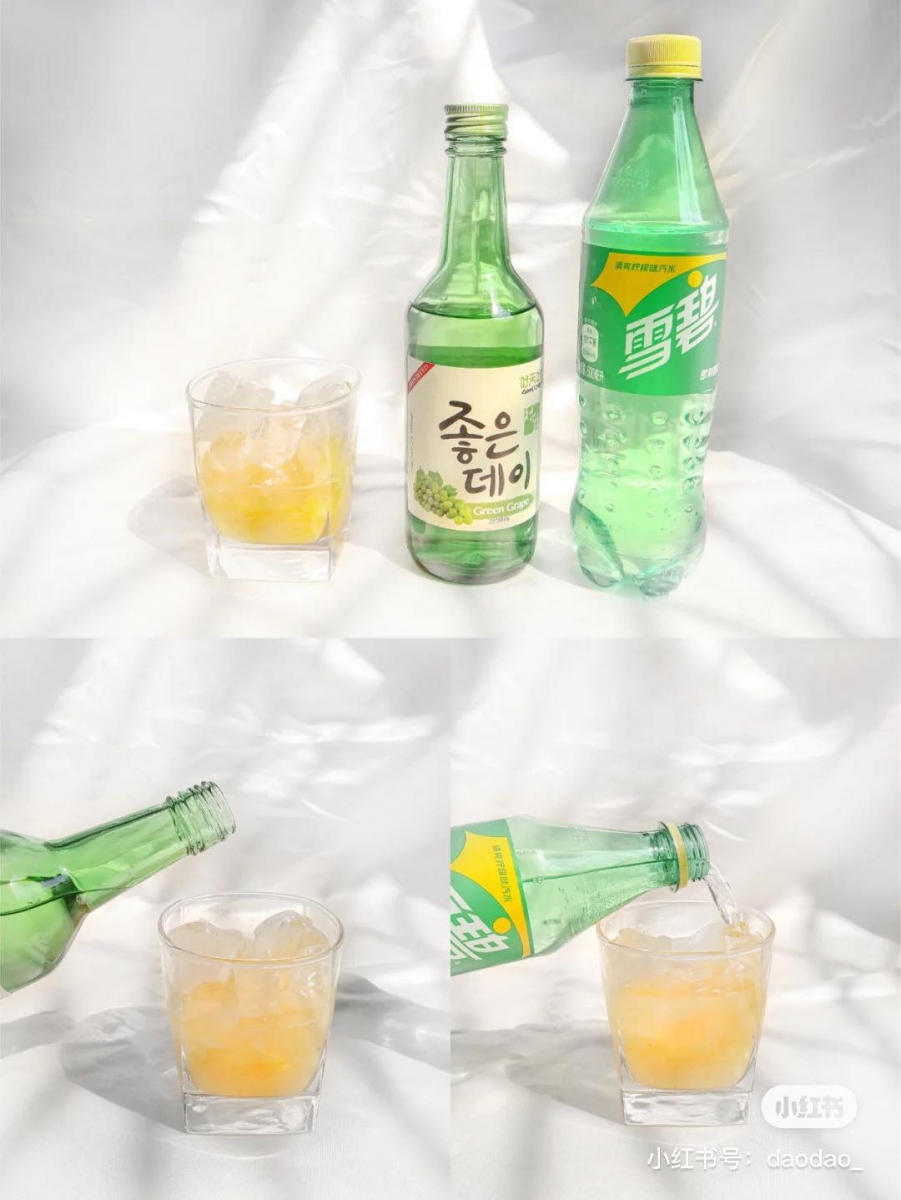 凤梨雪碧烧酒:凤梨果肉的酸甜味加上雪碧的清爽甜味,很好中和掉烧酒比较呛的苦涩和酒精味~ 材料 & 做法 :将凤梨果肉在杯中捣碎并加入冰块;依序倒入适量烧酒、雪碧。最后用凤梨切片/切块自由装饰即可