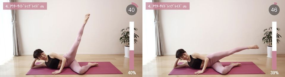动作(四)侧身高抬腿 保持侧躺姿势,单手撑住头部;下方的腿屈膝,上方的腿向上抬高至顶点,停留1-3秒下放(尽量不要碰触地面)。重复该动作50秒,最后休息10秒再往下一个动作继续做。