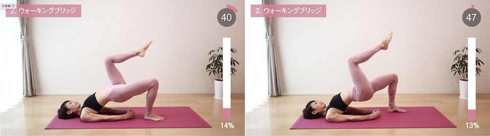动作(二)凌空交错抬腿 和动作一收紧腹部+臀部发力抬起下半身的动作相同,但这里双手在身下交握支撑,下半身挺起后需要维持在半空中,单腿缓缓抬起呈90度(同时踮直脚尖),之后匀速回到原位再换另一条腿重复动作。重复该动作50秒,最后休息10秒再往下一个动作继续做。
