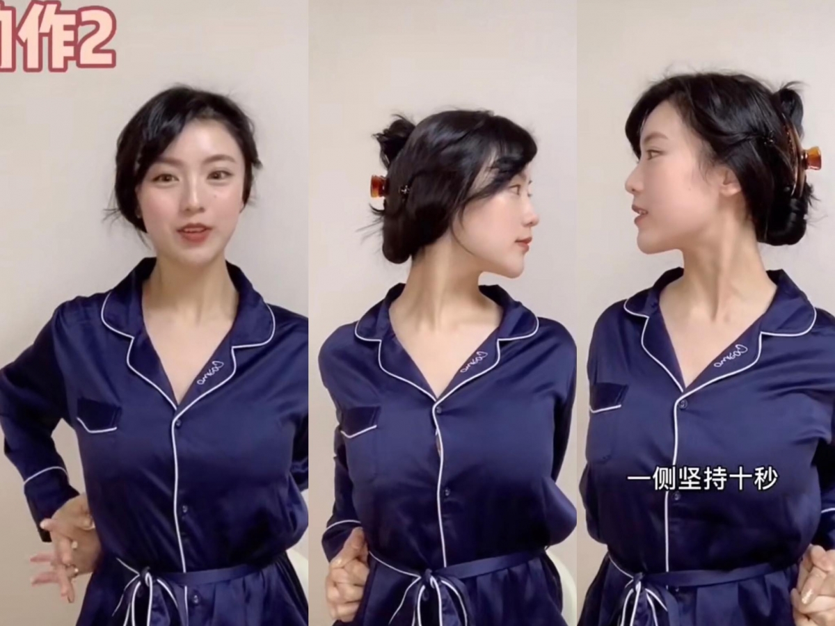 美化颈部线条动作(二): 1、右手滑过后背来到左侧腰间,手背抵住腰;左手手掌和右手手掌合十紧扣,尽量夹背且背部要挺直。这时头部向右边转动停留10秒。这个动作可以很好塑形好看下巴和颈侧部位线条,养成超强「侧颜杀」~另一侧重复反方向相同动作,同样坚持10秒。