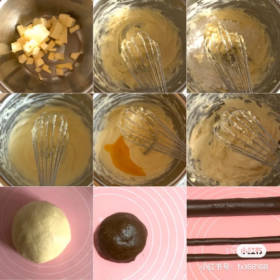 1、黄油室温放置到软化后将其打散,加入糖和盐拌匀。分次加入蛋液和牛奶搅拌均匀。 2、加入过筛后的低筋面粉和高筋面粉和成面团。分成两小团,其中一团加入可可粉揉匀。 3、将巧克力色的面团分成1大2小份搓成长条,较粗的作为小熊的脸、较细的两根长条面团叠上当熊耳朵~