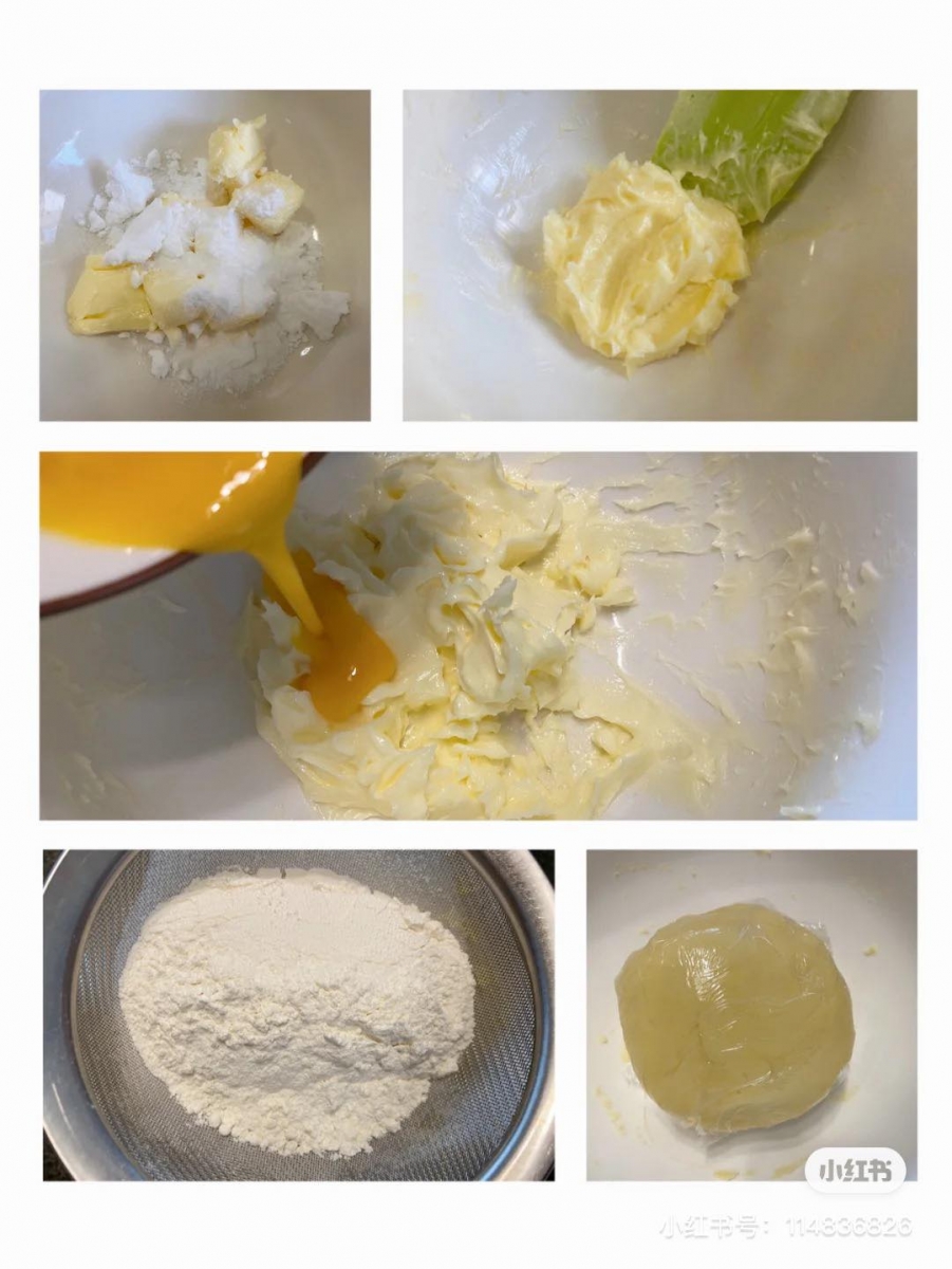 1、黄油融化后加入糖粉打发道颜色变得稍微白一点,分三次加入蛋液,每次加入时都等完整打发至吸收后再加入下一次;低筋面粉过筛加入,用刮刀搅拌均匀至面团成型光滑无干粉残留,包裹好保鲜膜放入冰箱冷藏1小时。