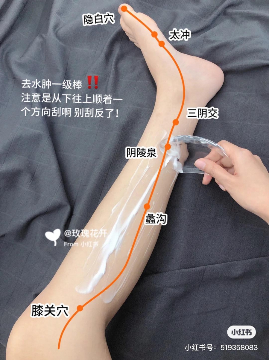 加码瘦腿秘诀 + 1 :去水肿 博主也加码推荐和她一样经常练舞、以及长时间久坐的学生党和上班族「去水肿」秘诀,利用平时在用的身体乳+刮痧板,顺着从脚趾头网膝关节位置做刮痧~她和练舞的小姐妹们亲测都觉得对加速瘦腿、排水肿特别见效,腿还因为有好好按摩吸收身体乳变得白皙不少呢!