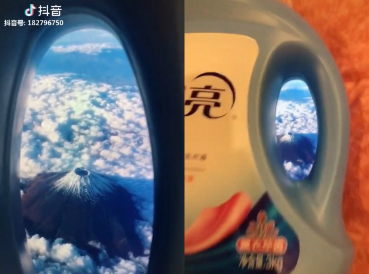 # 洗衣液瓶身把手的位置、搭配一张漂亮风景照，最后修图加上调色滤镜，仿真度也很高！