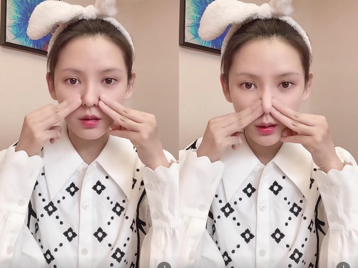 步骤2、双手中指和无名指抵住两侧鼻翼，同时往中间推坚持重复1分钟，很好锻炼到鼻翼肌肉缓解鼻翼肥大的状况～