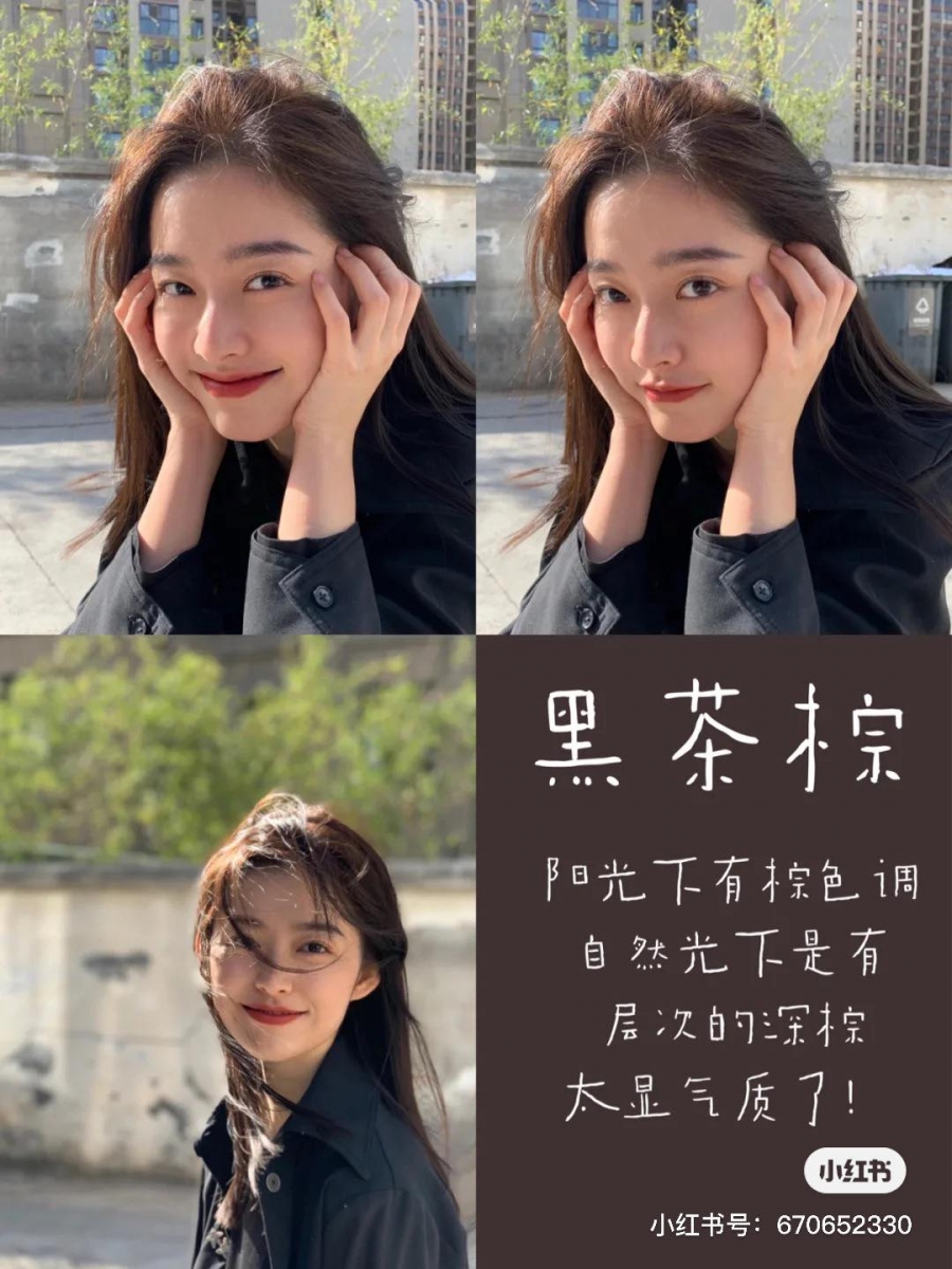 黑茶棕调：非常显气质的清纯自然初恋女神发色～自然光下是深棕调，阳光照射下会透出较明显的暖棕色，很有层次感～