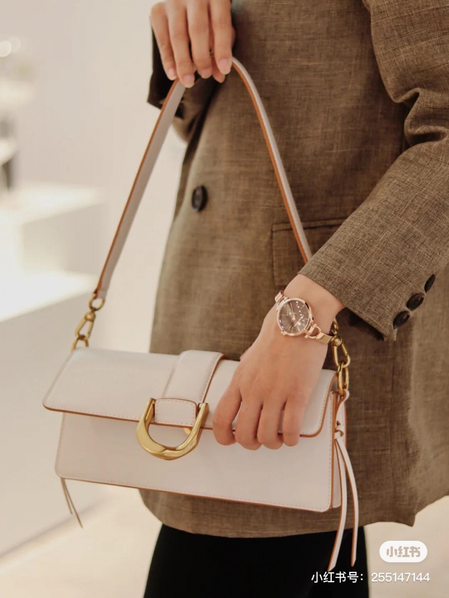 CHARLES & KEITH Metallic Buckle Shoulder Bag 法棍包 法棍包包小巧修长的廓形加上简约柔美的粉白配色，是上班通勤、逛街约会都很合适的一款质感款式！（RM259.90） >>> 【点击查看购买详情】